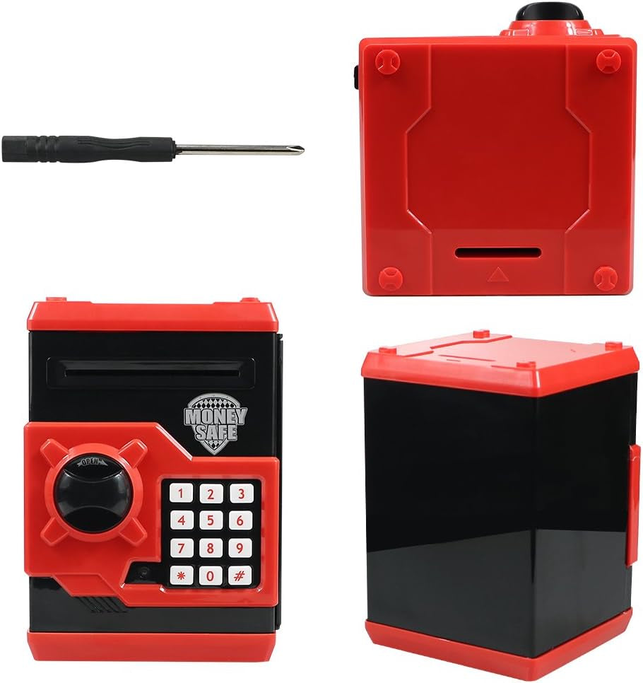 Piggy Banks for Kids, Electronic Password Code Money Banks ATM Banks Box Coin Bank for Children Boys and Girls (Black/Red)