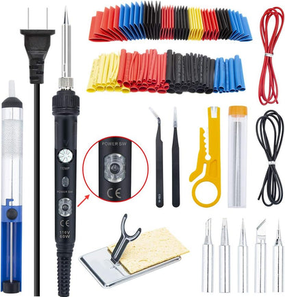 Soldering Iron Kit  Welding Tool, 60W Adjustable Temperature Soldering Iron with ON/OFF Switch, Soldering Iron Tips, Stand, Desoldering Pump, Wire Cutter, Solder Wick, Tweezers