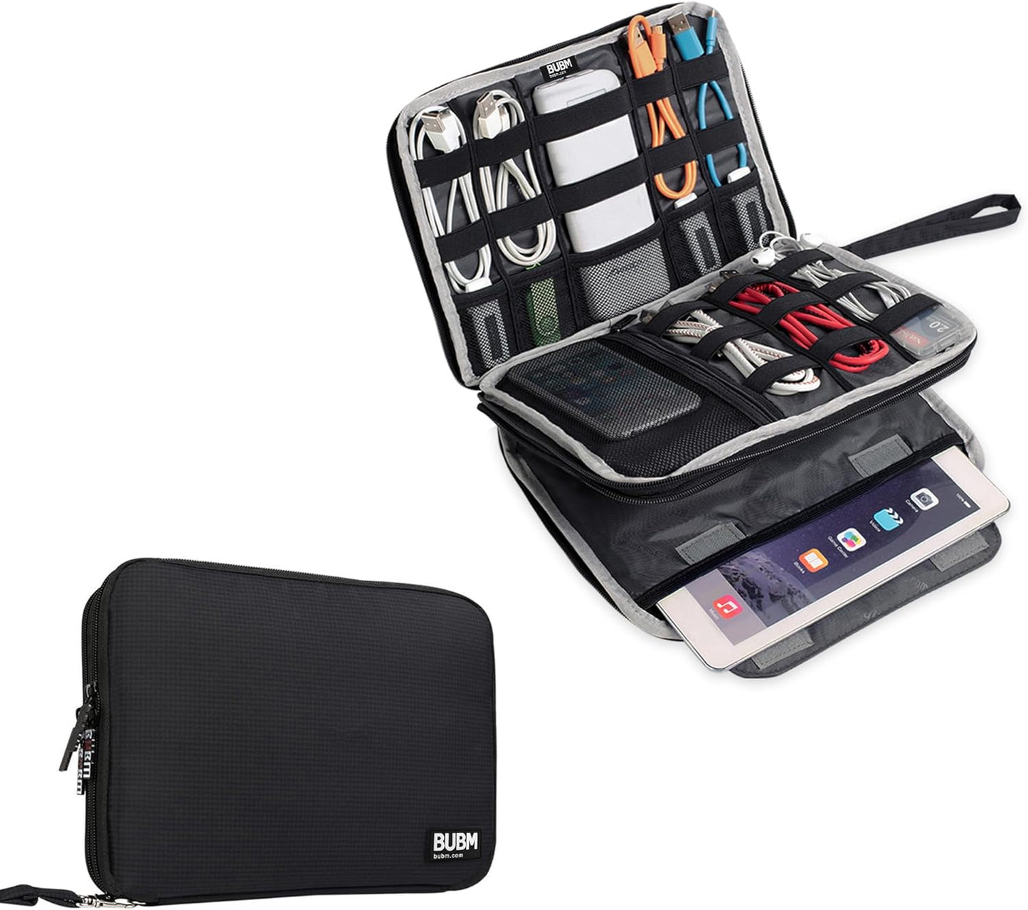 Double Layer Electronics Organizer/Travel Gadget Bag for Cables,Memory Cards,Flash Hard Drive and More,Fit for Ipad or Tablet(Up to 9.7")--Large, Black